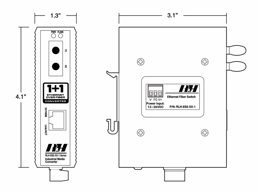 Industrial Media Converters - 10/100 Slimline Ethernet Media Converter - Dimensions
