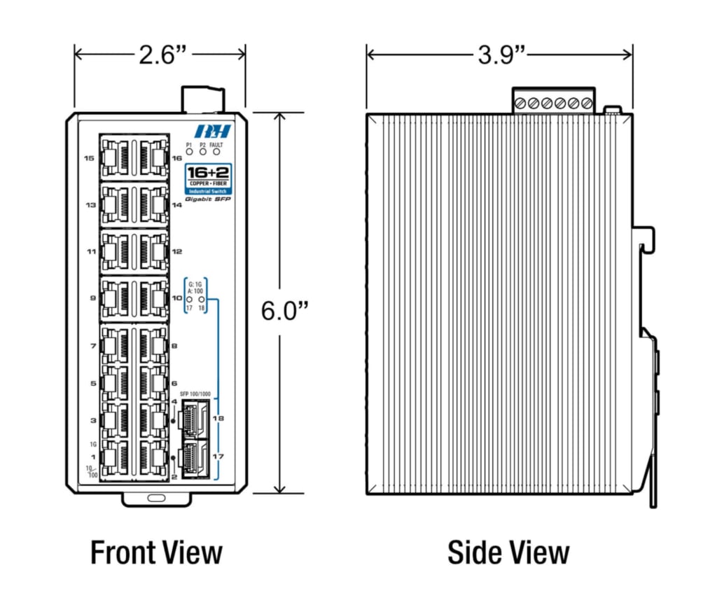16+2 Unmanaged 10/100/1G SFP Industrial Switch - Dimensions