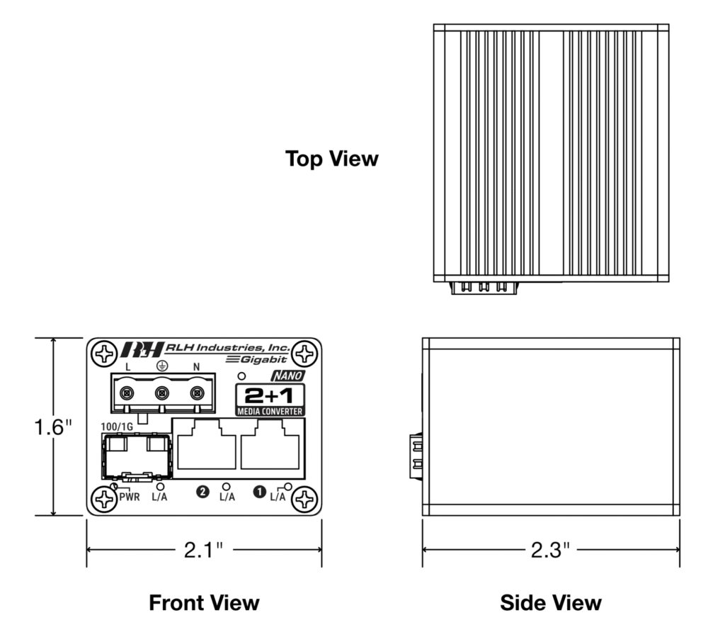 2+1 Nano 10/100/1G Industrial Ethernet Media Converter with SFP - Dimensions