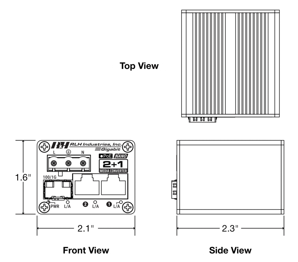 2+1 Nano 10/100/1G PoE+ Industrial Ethernet Media Converter with SFP - Dimensions