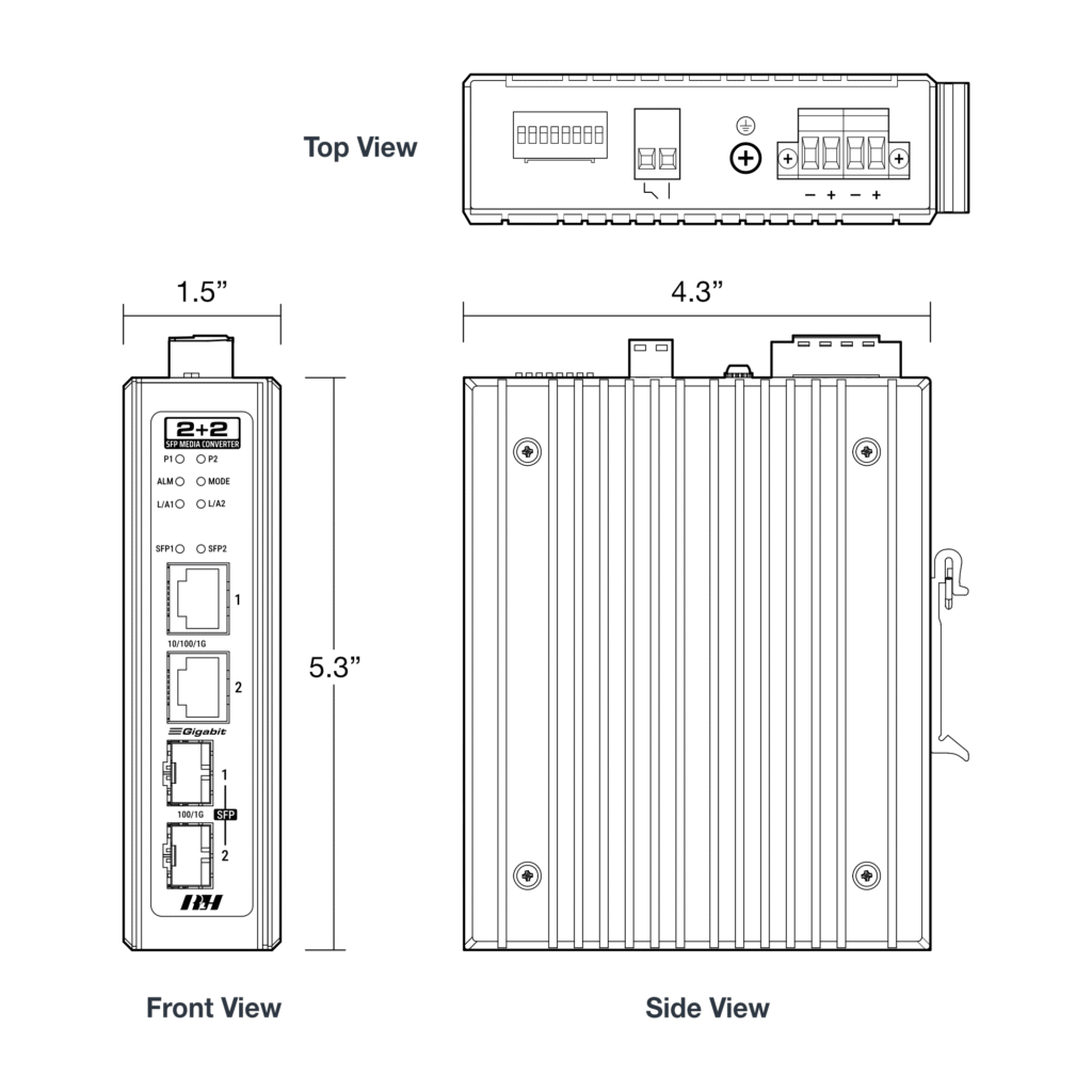 2+2 Multi-Functional Industrial Ethernet Media Converter - Dimensions