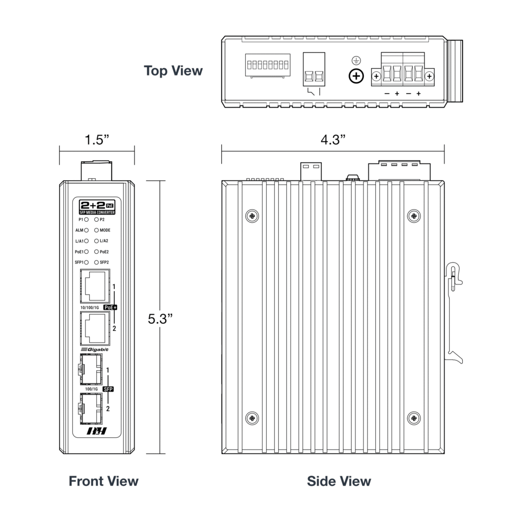 2+2 PoE+ Multi-Functional Industrial Ethernet Media Converter - Dimensions