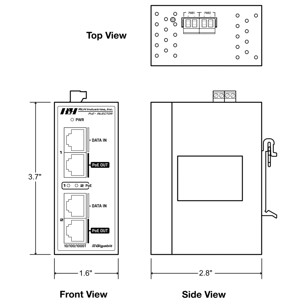 2 Port Gigabit High Power PoE Injector - Dimensions