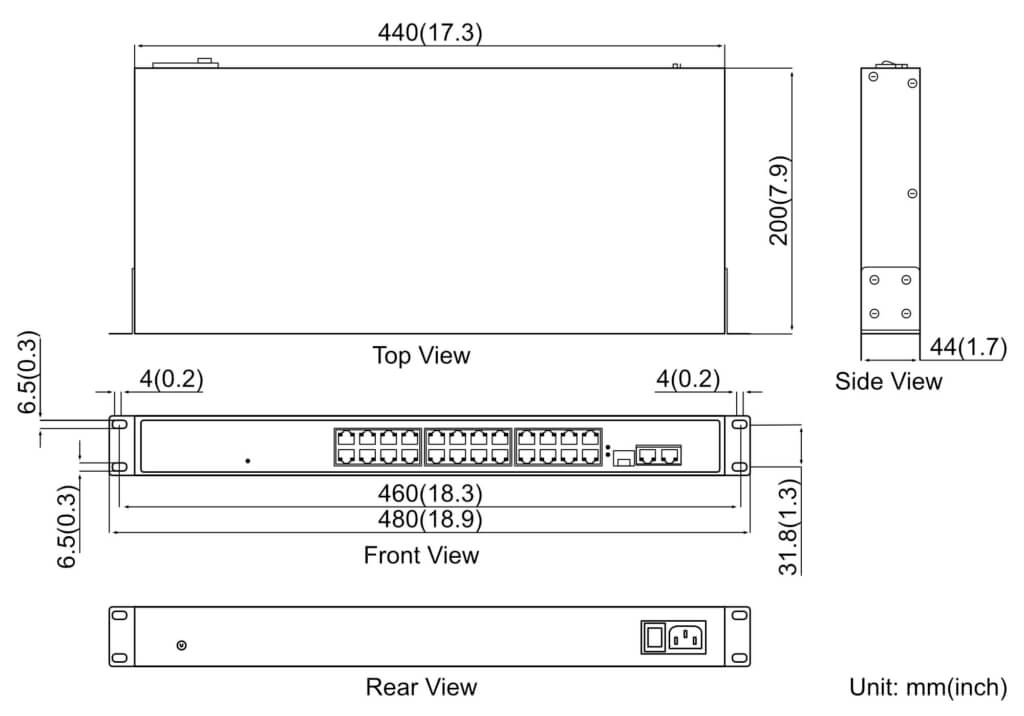 24+2 Unmanaged 10/100/1G SFP Rack Mount Ethernet Switch - Dimensions