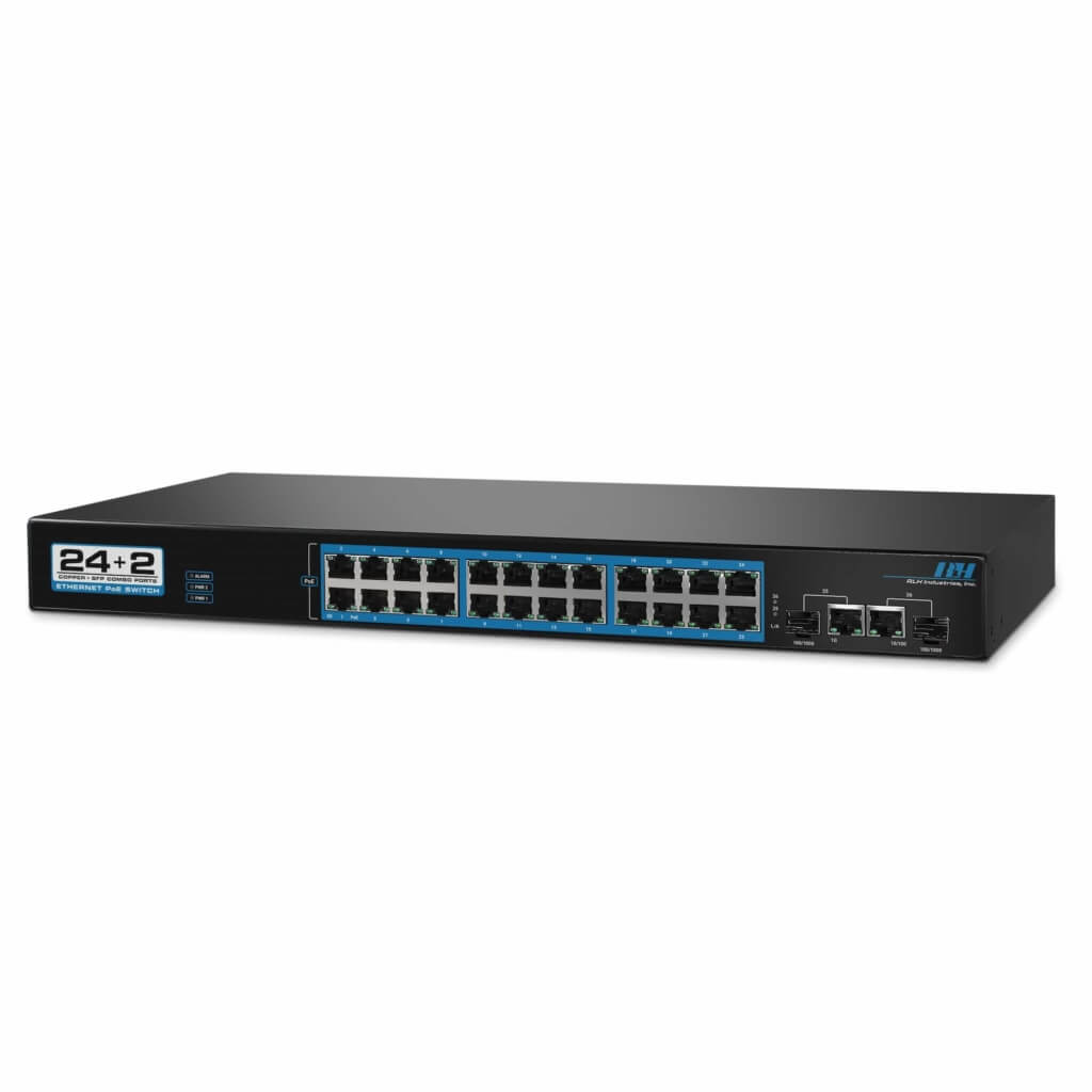 24+2 Unmanaged 10/100/1G PoE+ Rack Mount Ethernet Switch - Front Angle