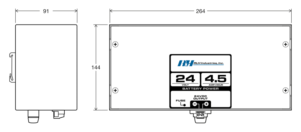 24VDC 4.5Ah DIN Mount Battery Pack - Dimensions