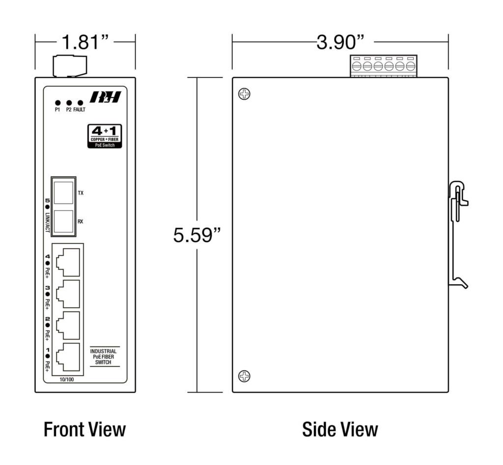 4+1 Unmanaged 10/100 Fixed Fiber Flex PoE+ Industrial Switch - Dimensions