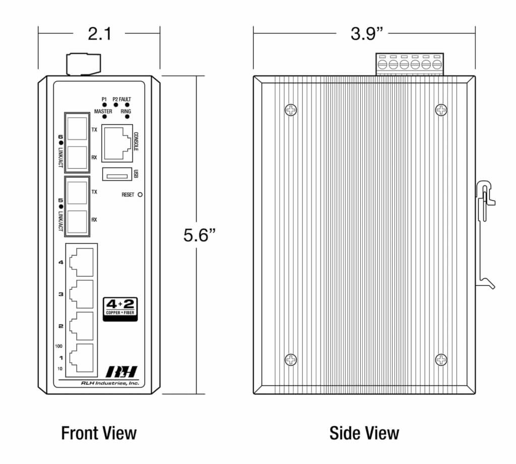 4+2 Managed 10/100 Fixed Fiber Industrial Ethernet Switch - Dimensions