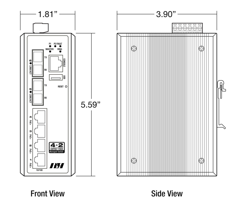4+2 Managed 10/100 Flex PoE+ Fixed Fiber Industrial Switch - Dimensions