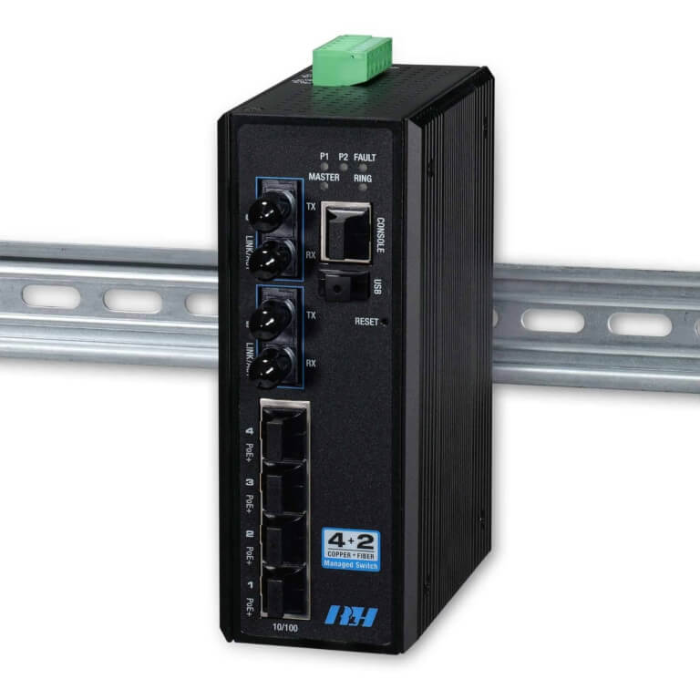 4+2 Managed 10/100 Flex PoE+ Fixed Fiber-ST-DIN View