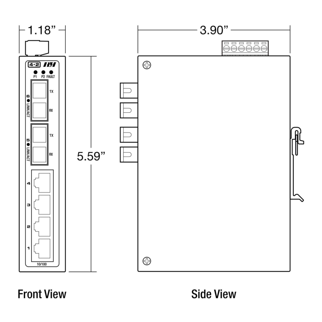 4+2 Unmanaged 10/100 Fixed Fiber Industrial Switch - Dimensions