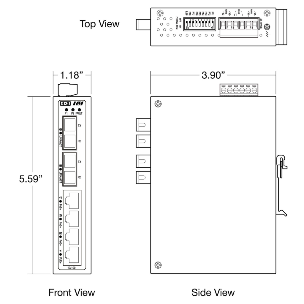 4+2 Unmanaged 10/100 PoE+ Fixed Fiber Industrial Switch - Dimensions