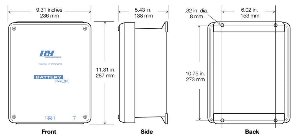 48VDC 7.2Ah Wall Mount Battery Pack - Dimensions