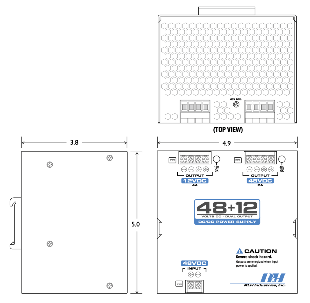 48VDC to 48~12V Dual Output DC/DC Power Supply - Dimensions