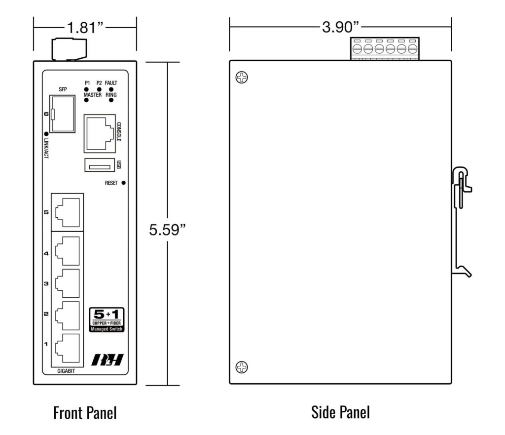 5+1 Managed 10/100/1G SFP Industrial Switch - Dimensions
