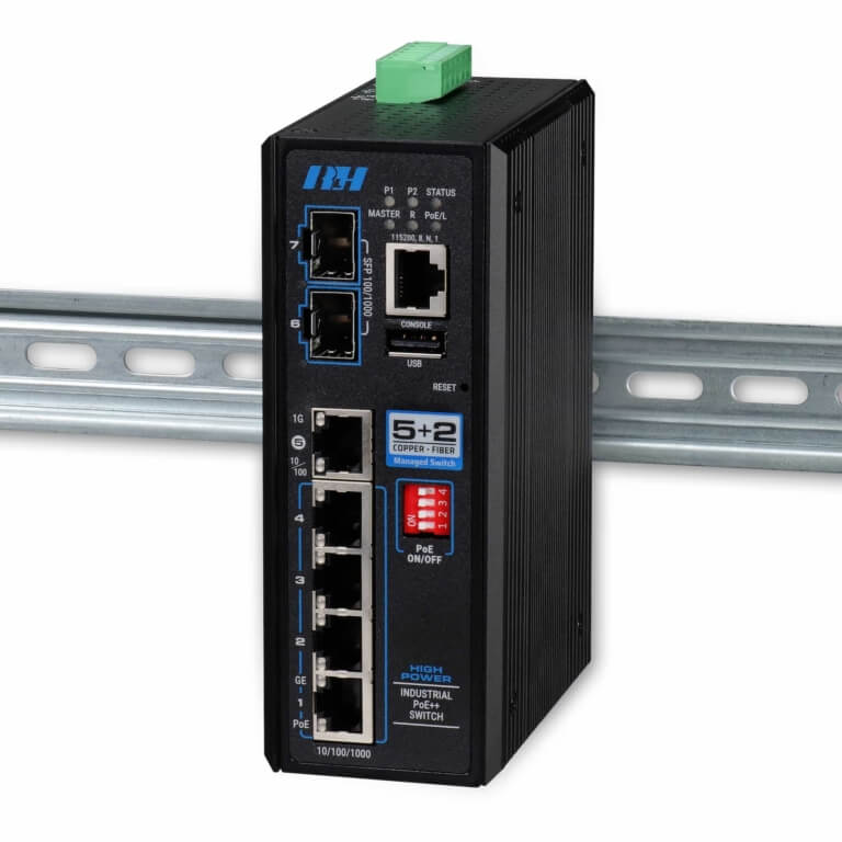 5+2 Managed 10/100/1G SFP PoE++-DIN View