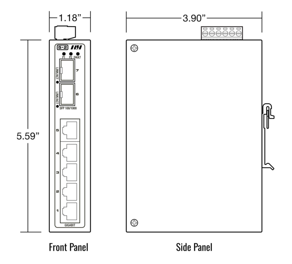 5+2 Unmanaged 10/100/1G SFP Industrial Switch - Dimensions