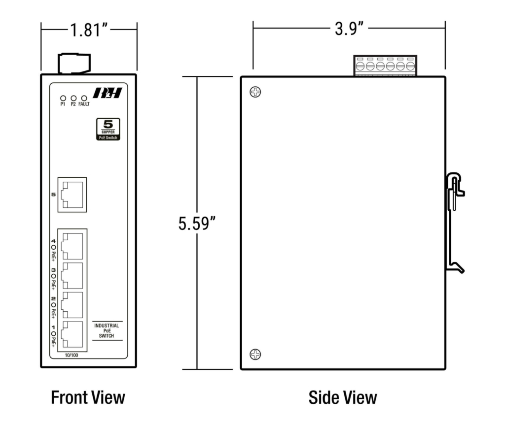 5 Port Unmanaged 10/100 Flex PoE+ Industrial Switch - Dimensions