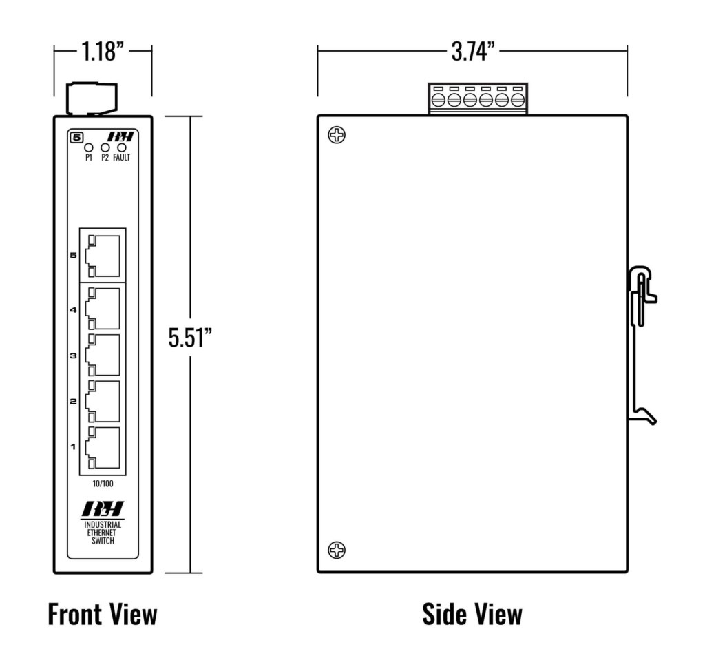 5 Port Unmanaged 10/100 Industrial Switch - Dimensions