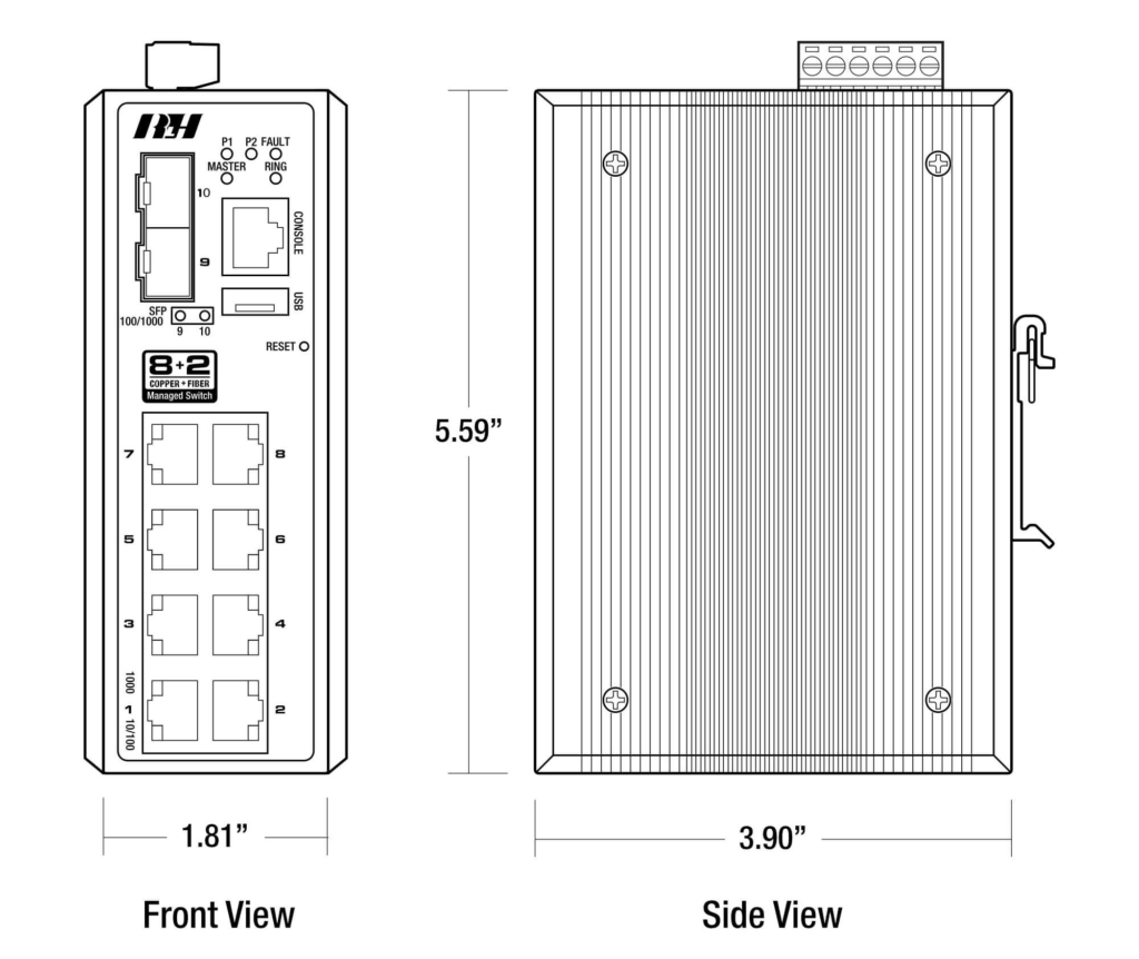 8+2 Managed 10/100/1G SFP Industrial Switch - Dimensions