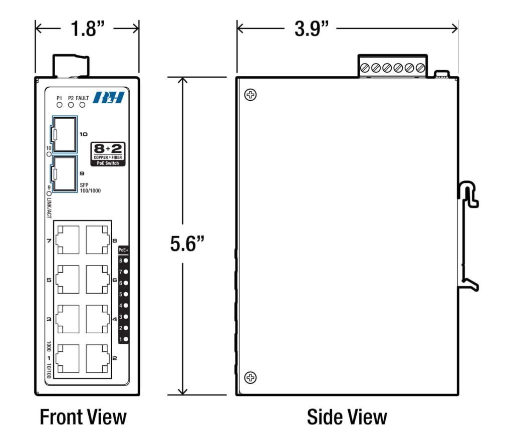 8+2 Unmanaged 10/100/1G SFP PoE+ Industrial Switch - Dimensions