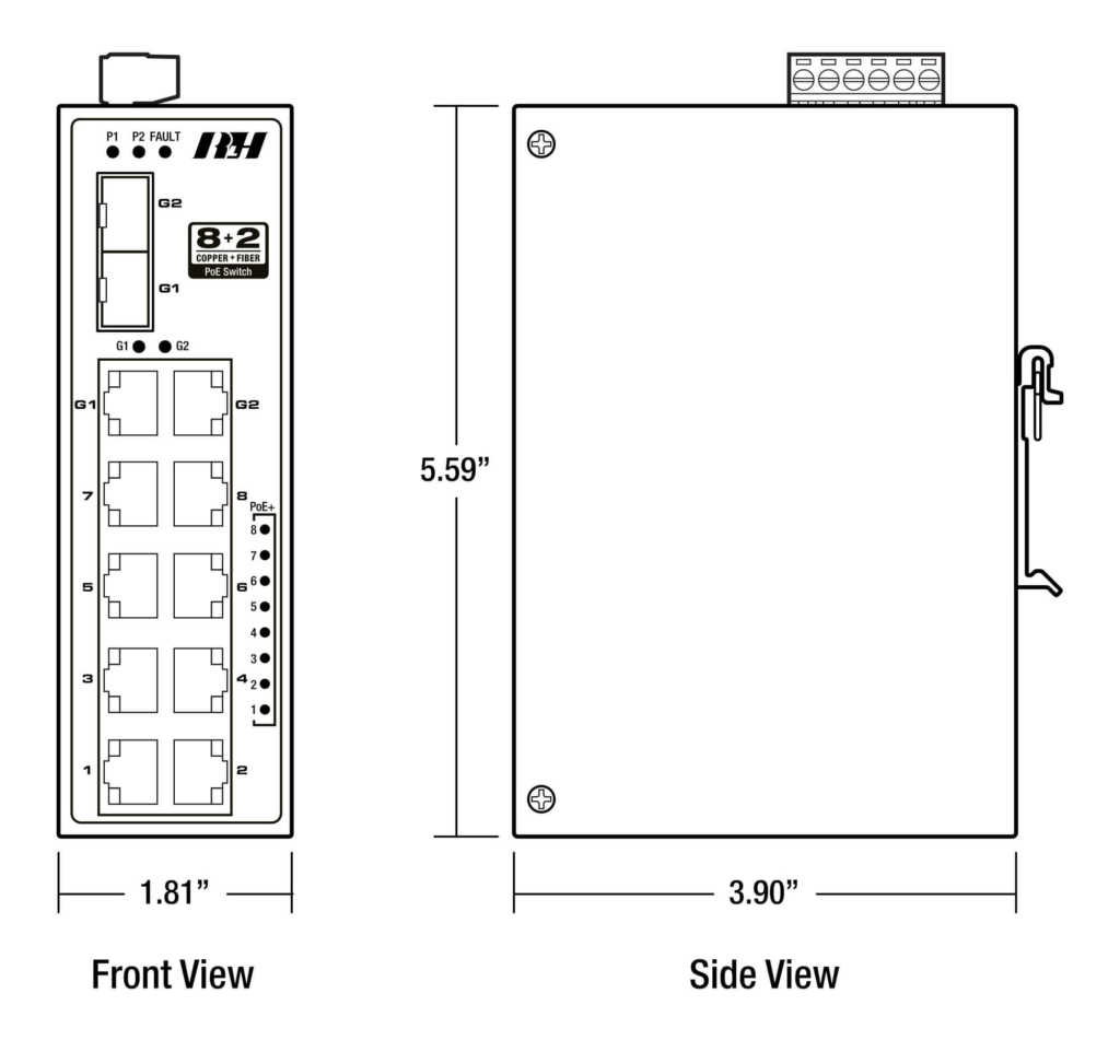 8+2 Unmanaged 10/100+10/100/1G SFP Flex PoE+ Industrial Switch - Dimensions