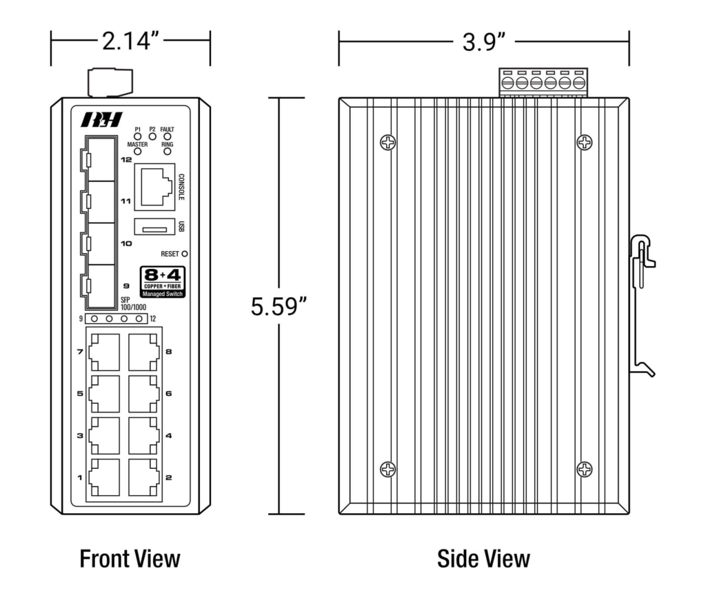 8+4 Managed 10/100/1G SFP Industrial Switch - Dimensions