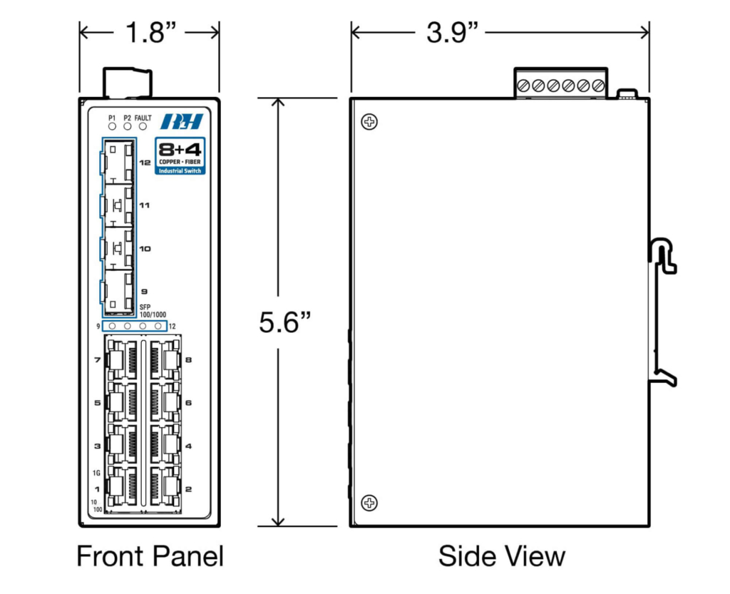 8+4 Unmanaged 10/100/1G SFP Industrial Switch - Dimensions