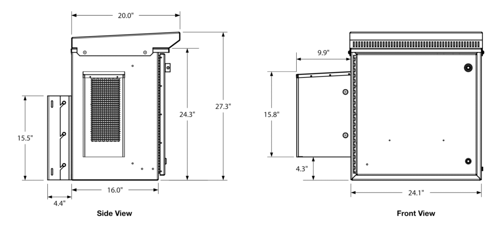 CORE 24” x 24” x 16” Cabinet with 19” Equipment Rack - Dimensions