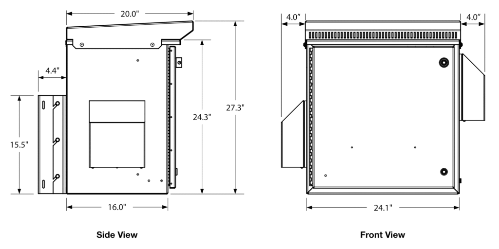 CORE 24” x 24” x 24” Cabinet with 19” Equipment Rack - Dimensions