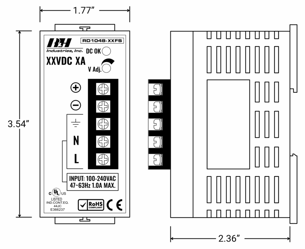 Industrial AC/DC + DC/DC Switching 48 Watt Power Supply - Dimensions