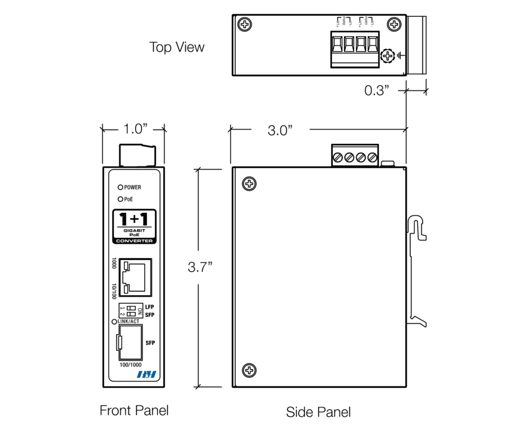 Industrial Gigabit PoE+ Media Converter Dimensions