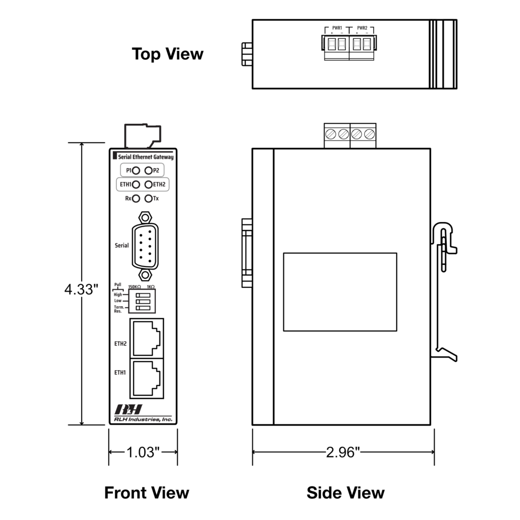 Industrial Serial Ethernet Gateway RS-232/422/485 2x10/100Base-T(X) - Dimensions