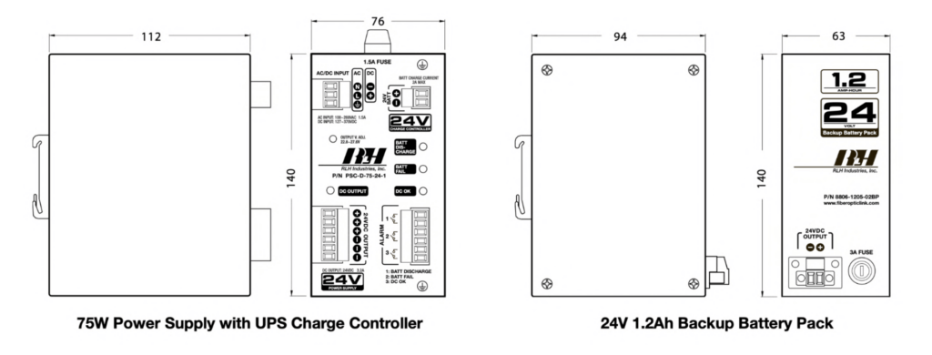 Integrated 75W AC/DC UPS with Battery Backup - Dimensions