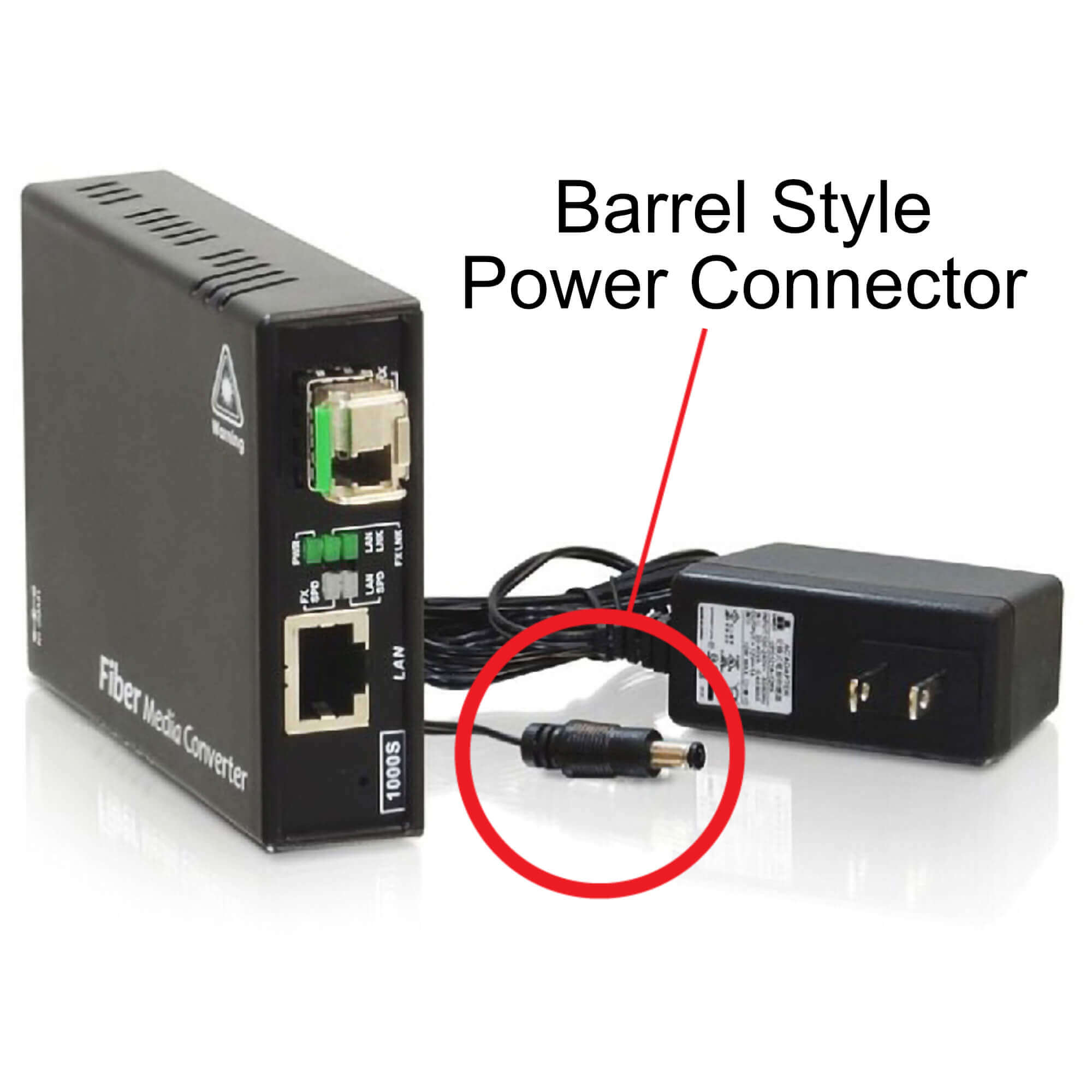 Retail Fiber Optic Converter Next to Barrel Style AC Power Supply