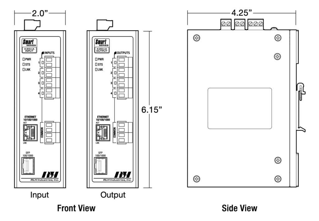 Ethernet I/O - Smart 4 Analog (4~20mA) Input/Output - Dimensions
