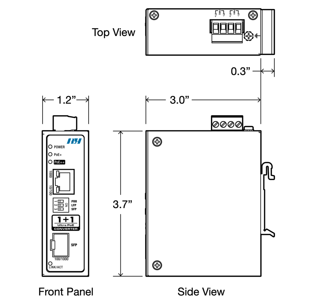 Ultra PoE++ Ethernet Media Converter Dimensions